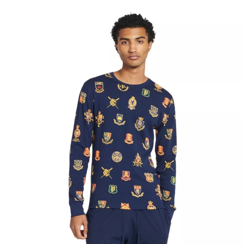 Polo Ralph Size M Lauren Navy Herald Crest Waffle Knit Thermal Top1